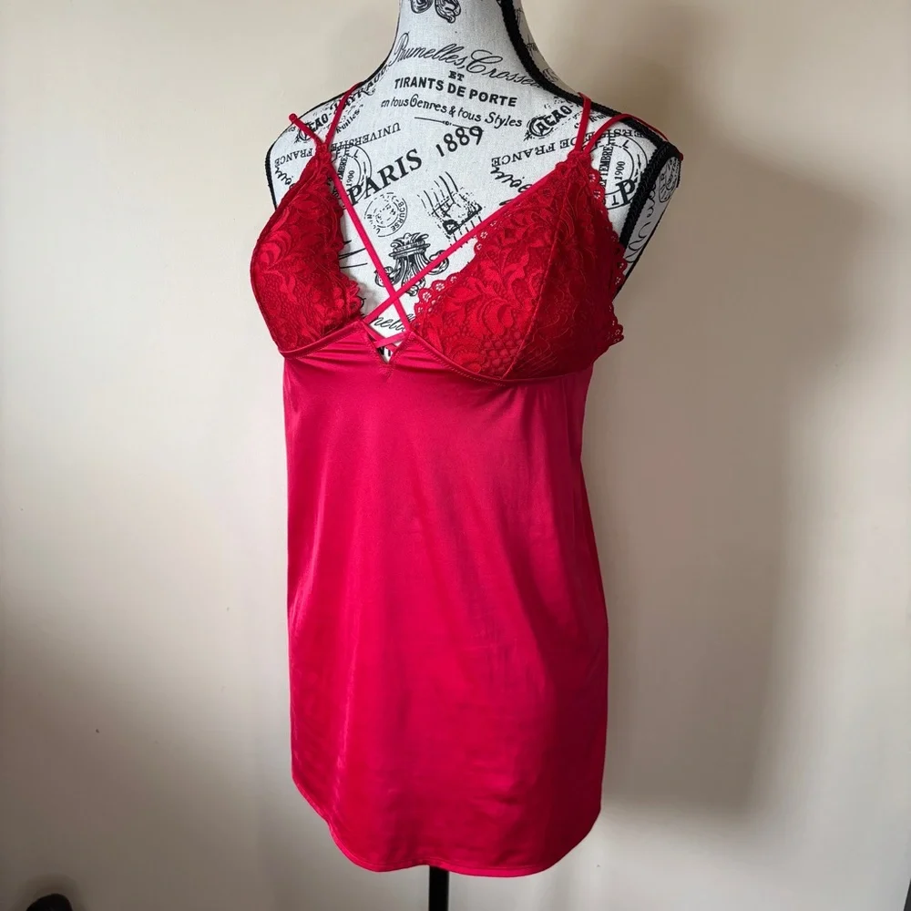 La SENZA Red Chemise with Satin Sheen Lace Detail Criss-Cross Nightwear - Picture 1 of 9